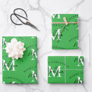 Personalised Merry Christmas Green Monogram Wrapping Paper Sheet