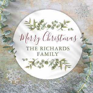 Personalised Merry Christmas Greenery Family  Classic Round Sticker
