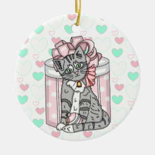 Personalised Merry Christmas Grey Kitten Pink Bow Ceramic Ornament