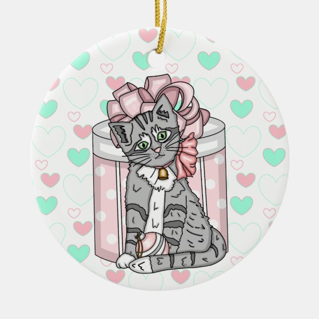Personalised Merry Christmas Grey Kitten Pink Bow  Ceramic Ornament (Front)