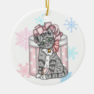 Personalised Merry Christmas Grey Kitten Pink Bow Ceramic Ornament