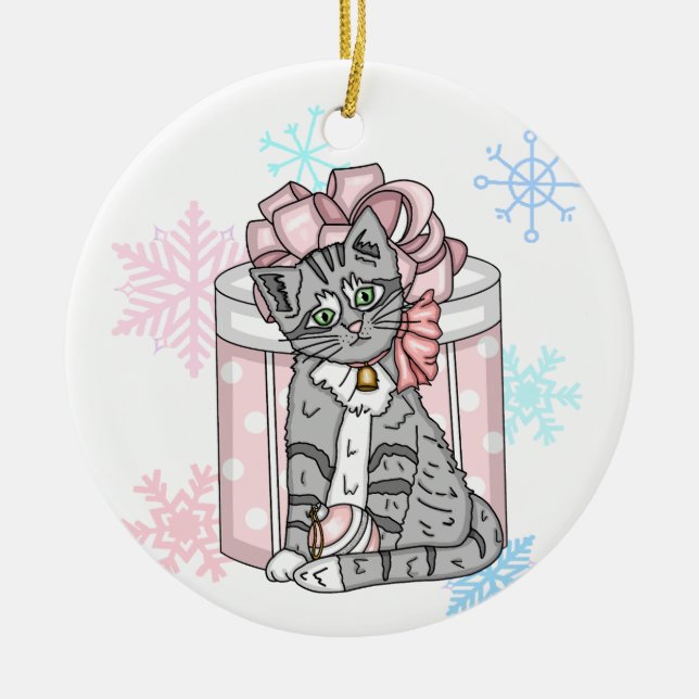 Personalised Merry Christmas Grey Kitten Pink Bow  Ceramic Ornament (Front)