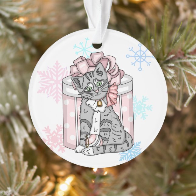 Personalised Merry Christmas Grey Kitten Pink Bow  Ornament (Tree)