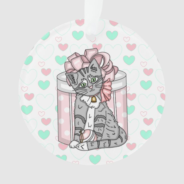 Personalised Merry Christmas Grey Kitten Pink Bow  Ornament (Front)