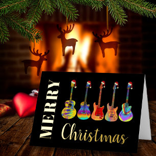 Personalised Merry Christmas Guitars Black Gold Foil Holiday Card