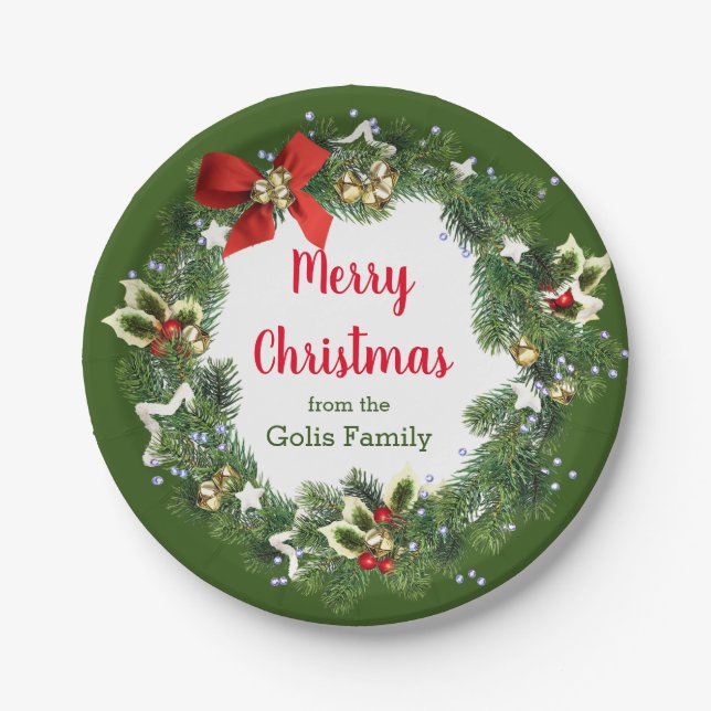 Personalised Merry Christmas Holiday Wreath Party Paper Plate (Front)