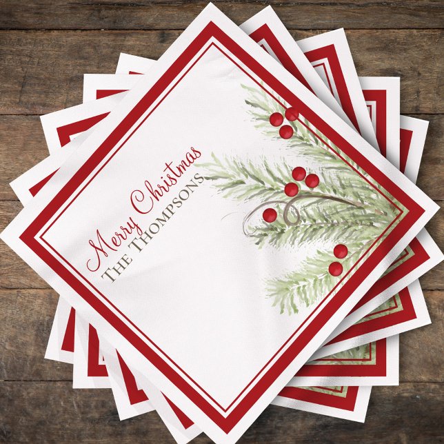 Personalised Merry Christmas Holly Berry Decor Napkin (Personalized Merry Christmas design with watercolor holly berries.)