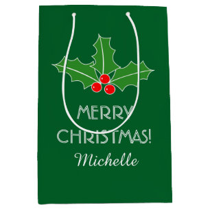 Personalised Merry Christmas holly leaves gift bag