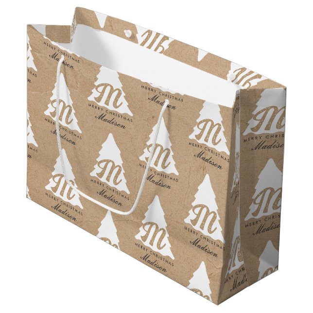 Personalised Merry Christmas Kraft Monogram Tree Large Gift Bag (Front Angled)