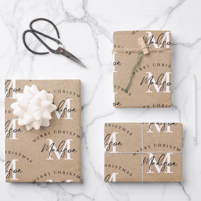 Personalised Merry Christmas Kraft Monogram   Wrapping Paper Sheet (Front)