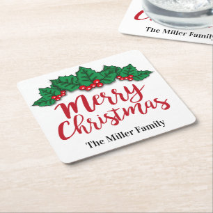 Personalised Merry Christmas Leaves And Berries Square Paper Coaster