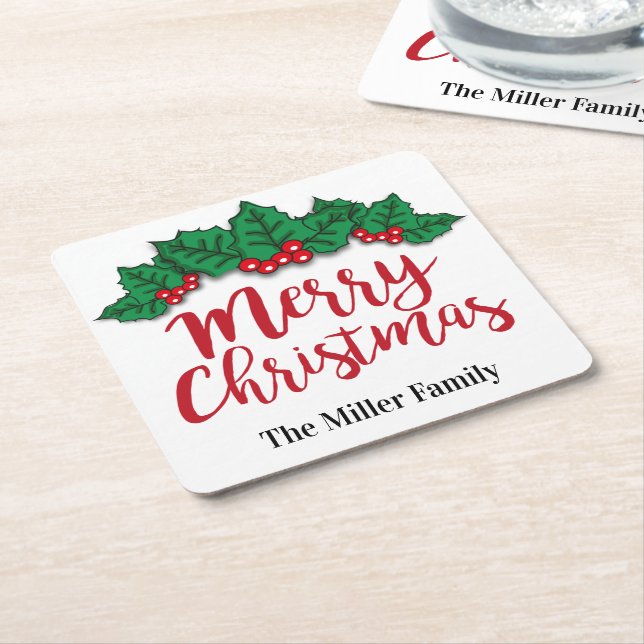 Personalised Merry Christmas Leaves And Berries  Square Paper Coaster (Angled)