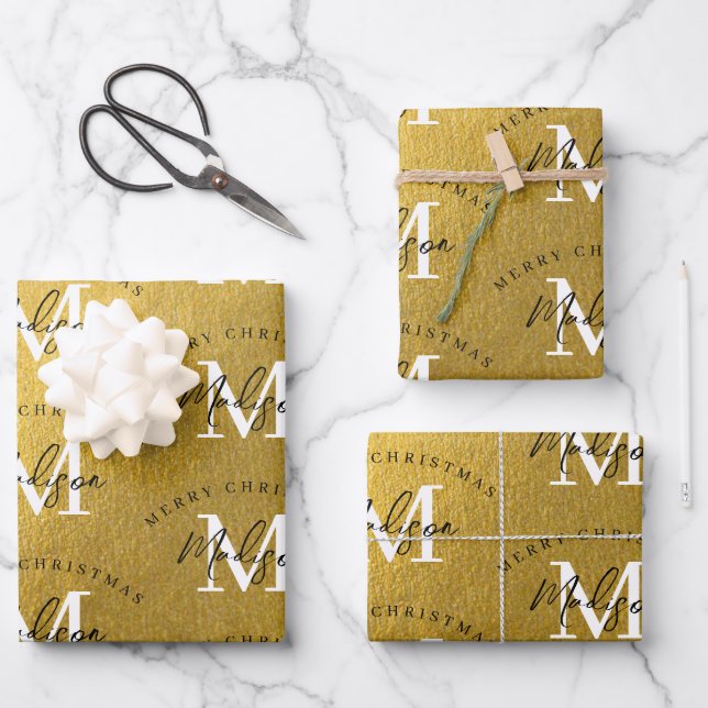 Personalised Merry Christmas Luxury Gold Monogram  Wrapping Paper Sheet (Front)