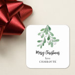Personalised Merry Christmas Mistletoe Square Sticker<br><div class="desc">This simple Christmas Sticker is decorated with watercolor mistletoe leaves and berries.
Easily customisable.
As we create our artwork you won't find this exact image from other designers.
Original Watercolor © Michele Davies.</div>