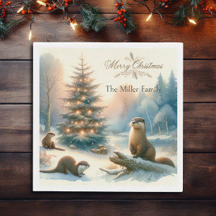 Personalised Merry Christmas Otter Family Winter Napkin
