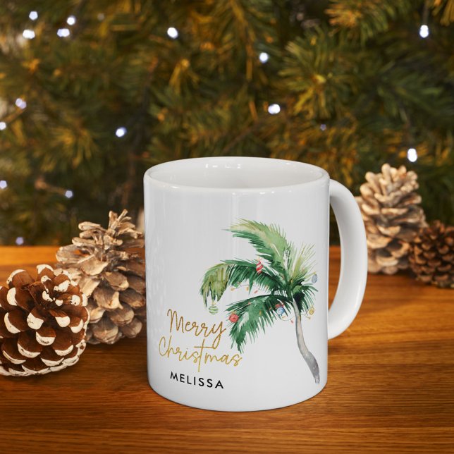 Personalised Merry Christmas Palm Tree Holidays Coffee Mug (Christmas Holidays Coastal Palm Tree Personalized White 11oz Coffee Mug)