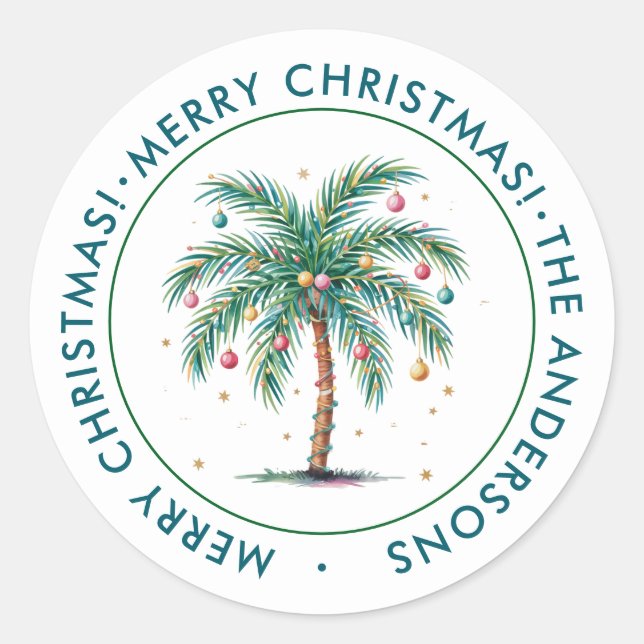 Personalised Merry Christmas Palm Tree Light Classic Round Sticker (Front)