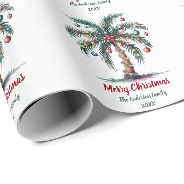 Personalised Merry Christmas Palm Tree Light       Wrapping Paper (Roll Corner)