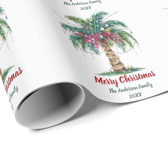Personalised Merry Christmas Palm Tree Light       Wrapping Paper (Roll Corner)