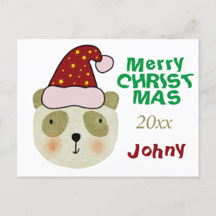 Personalised Merry Christmas Panda bear with hat Holiday Postcard