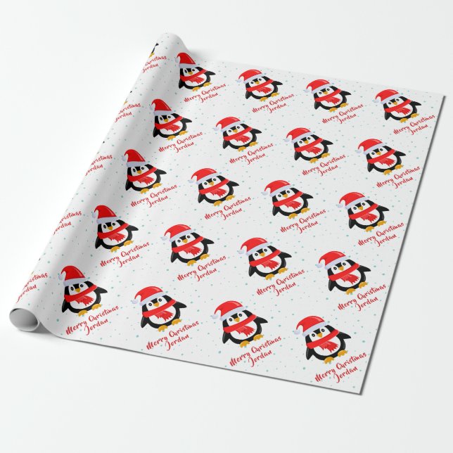 Personalised Merry Christmas Penguin Santa Hat Wrapping Paper (Unrolled)