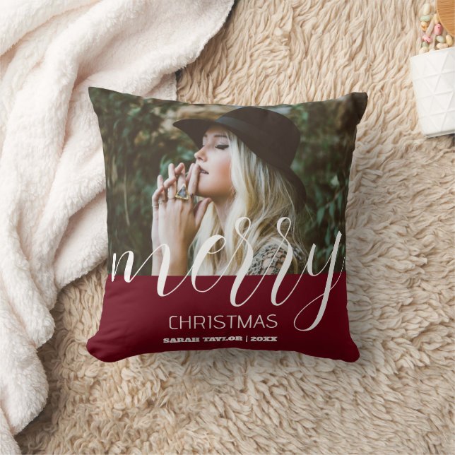 Personalised Merry Christmas Photo Name Burgundy  Cushion (Blanket)