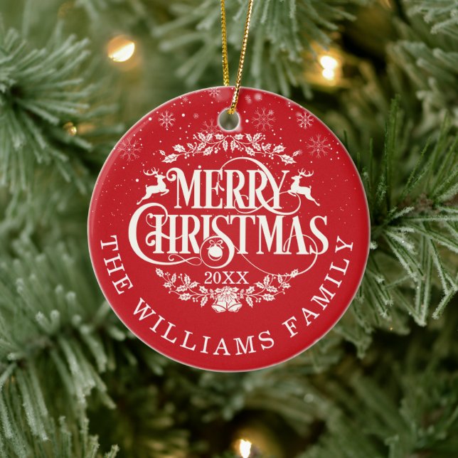 Personalised Merry Christmas Photo Red Ceramic Ornament (Tree)