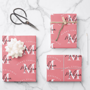 Personalised Merry Christmas Pink Monogram Wrapping Paper Sheet