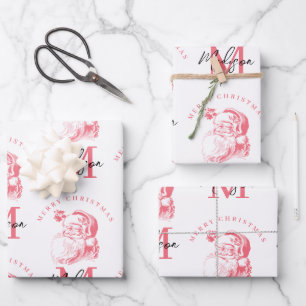 Personalised Merry Christmas Pink Santa Monogram Wrapping Paper Sheet