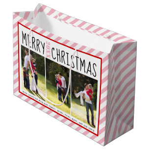 Personalised Merry Christmas pink stripes photo Large Gift Bag