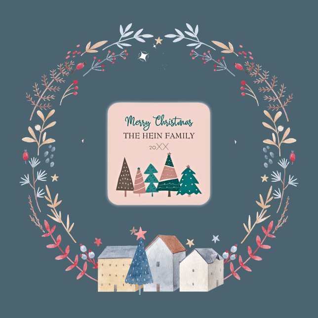 Personalised Merry Christmas Pink Trees Square Sticker (Personalized Family Christmas Stickers)