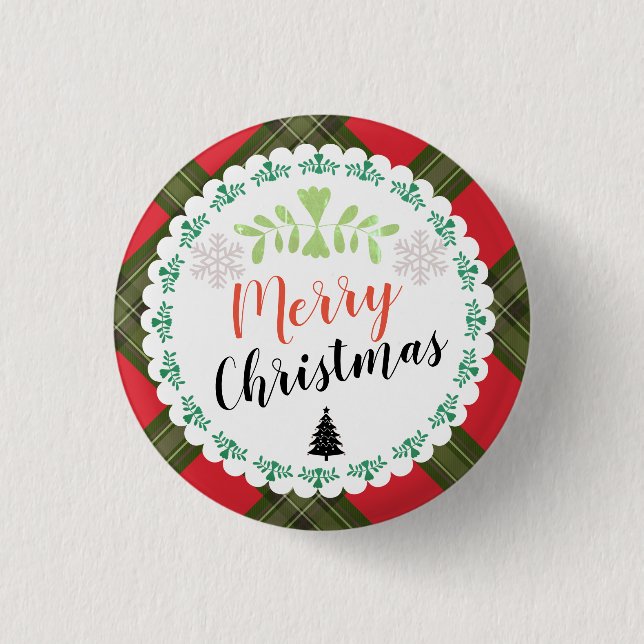 Personalised Merry Christmas Plaid Button (Front)