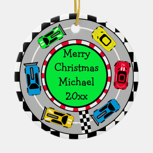 Personalised Merry Christmas Race Car Themed Ceramic Ornament (Front)
