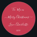 Personalised Merry Christmas Red Gift Label<br><div class="desc">This personalised Christmas design is in classic holiday season red with modern simple script typography in white. It has the message “To Mum Merry Christmas Love Charlotte xxx”. Perfect for gift giving with a personal touch. You can simply add both your name & your recipient’s name, by using the personalise...</div>