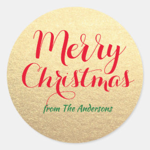 Personalised Merry Christmas Red Green Gold Gift Classic Round Sticker
