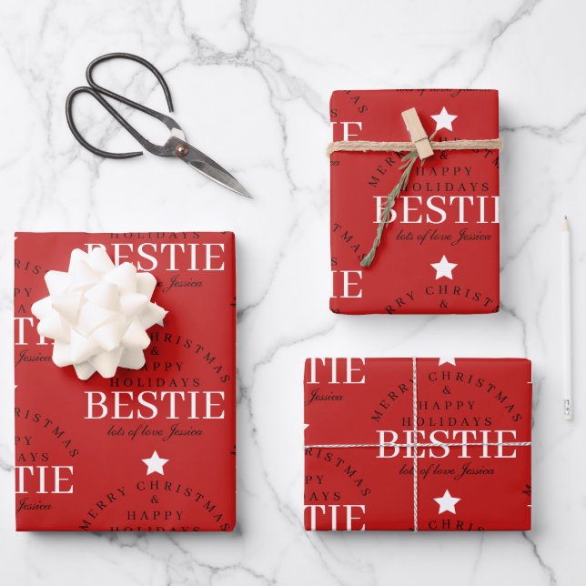 Personalised Merry Christmas Red Monogram Bestie Wrapping Paper Sheet (Front)