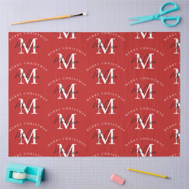 Personalised Merry Christmas Red Monogram Tissue Paper (Craft)