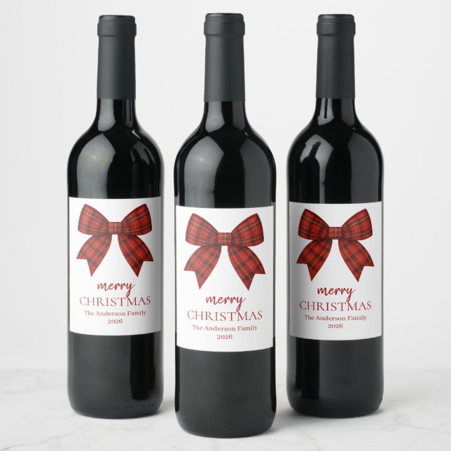 Personalised Merry Christmas | Red Plaid Bow Wine Label (Bottles)