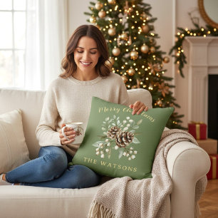 Personalised Merry Christmas Sage Green Botanical  Cushion