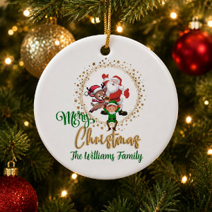 Personalised Merry Christmas Santa and Elves Ceramic Ornament