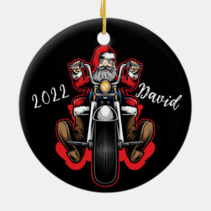 Personalised Merry Christmas Santa Biker Ceramic Ornament