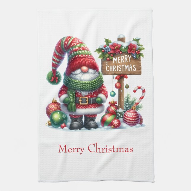Personalised Merry Christmas  Santa Gnome  Tea Towel (Vertical)