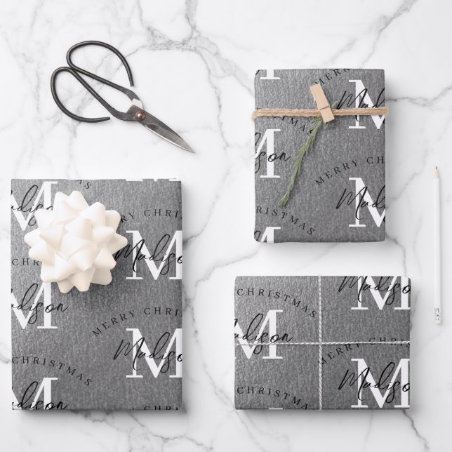 Personalised Merry Christmas Silver Monogram  Wrapping Paper Sheet (Front)