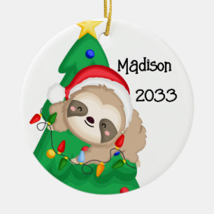Personalised Merry Christmas Sloth Tree Ceramic Ornament