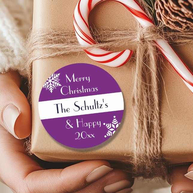 Personalised Merry Christmas Snowflake Classic Round Sticker (Creator Uploaded)