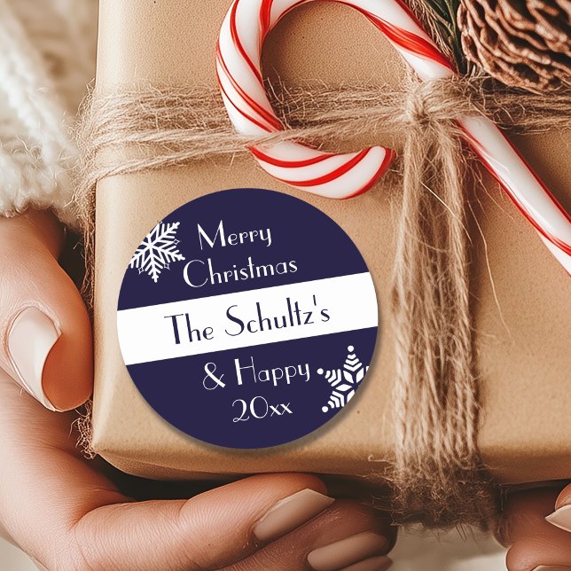 Personalised Merry Christmas Snowflake Classic Round Sticker (Creator Uploaded)