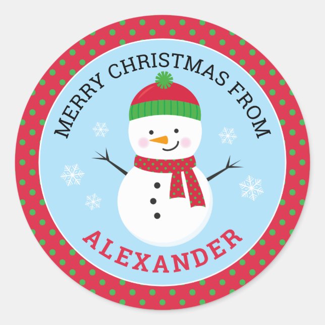 Personalised Merry Christmas Snowman Sticker (Front)