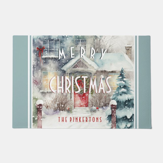 Personalised Merry Christmas snowy Cottage  Doormat (Front)
