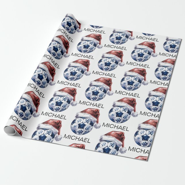 Personalised Merry Christmas Soccer Ball Santa     Wrapping Paper (Unrolled)