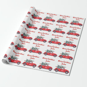 Personalised Merry Christmas Tree Red Farm Truck Wrapping Paper